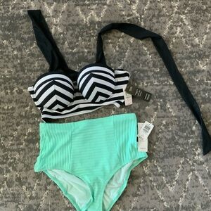 Stylish Black and White Chevron Bikini Top with high waisted Mint Bottoms